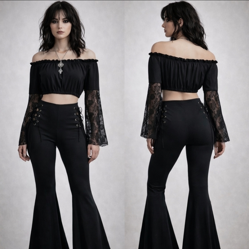 Black Lace Up Flare Pants Whimsigoth Witchy Y2K Size S - Picture 1 of 4